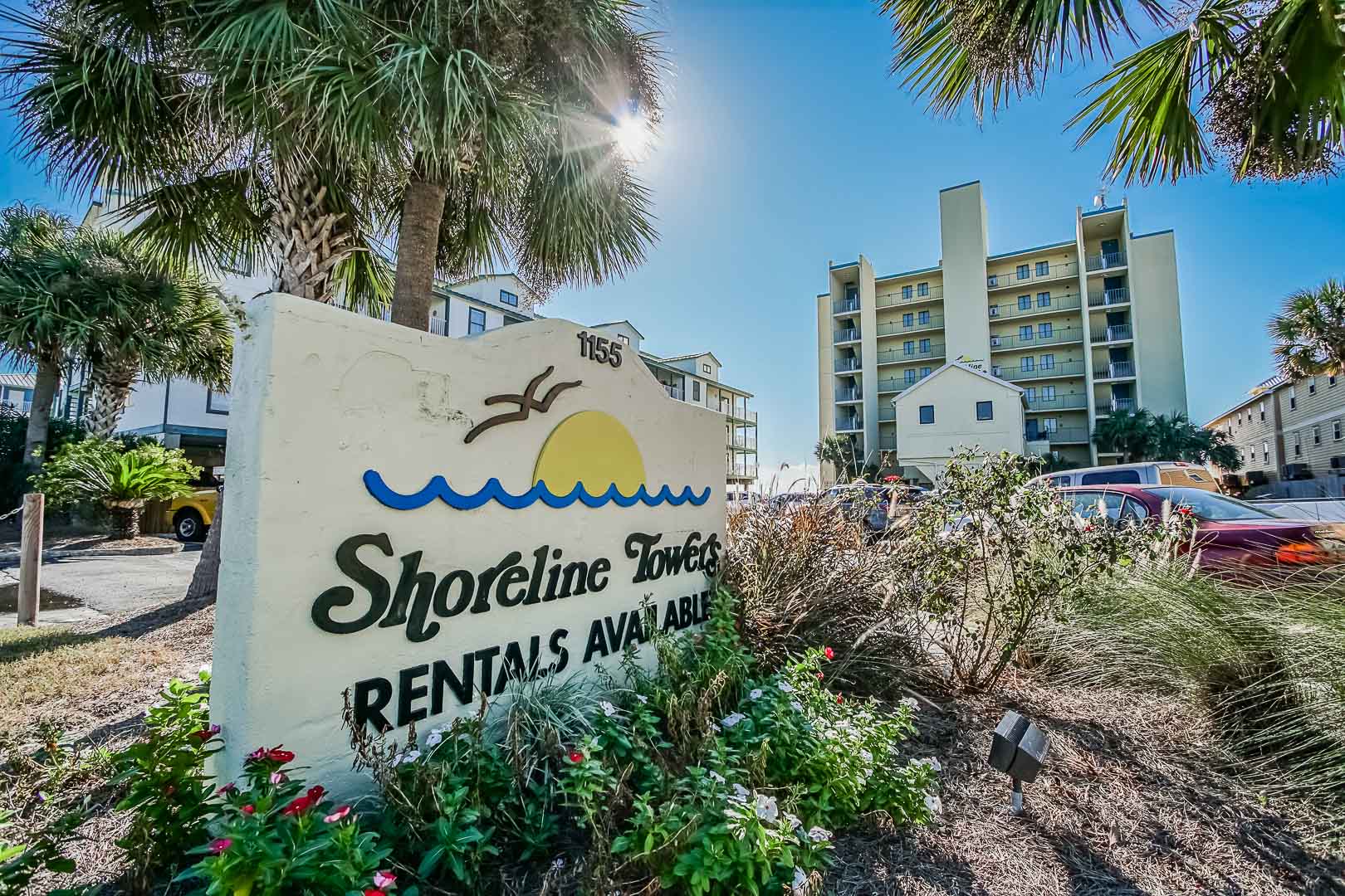 A vibrant resort signage at VRI's Shoreline Towers in Gulf Shores, Alabama.